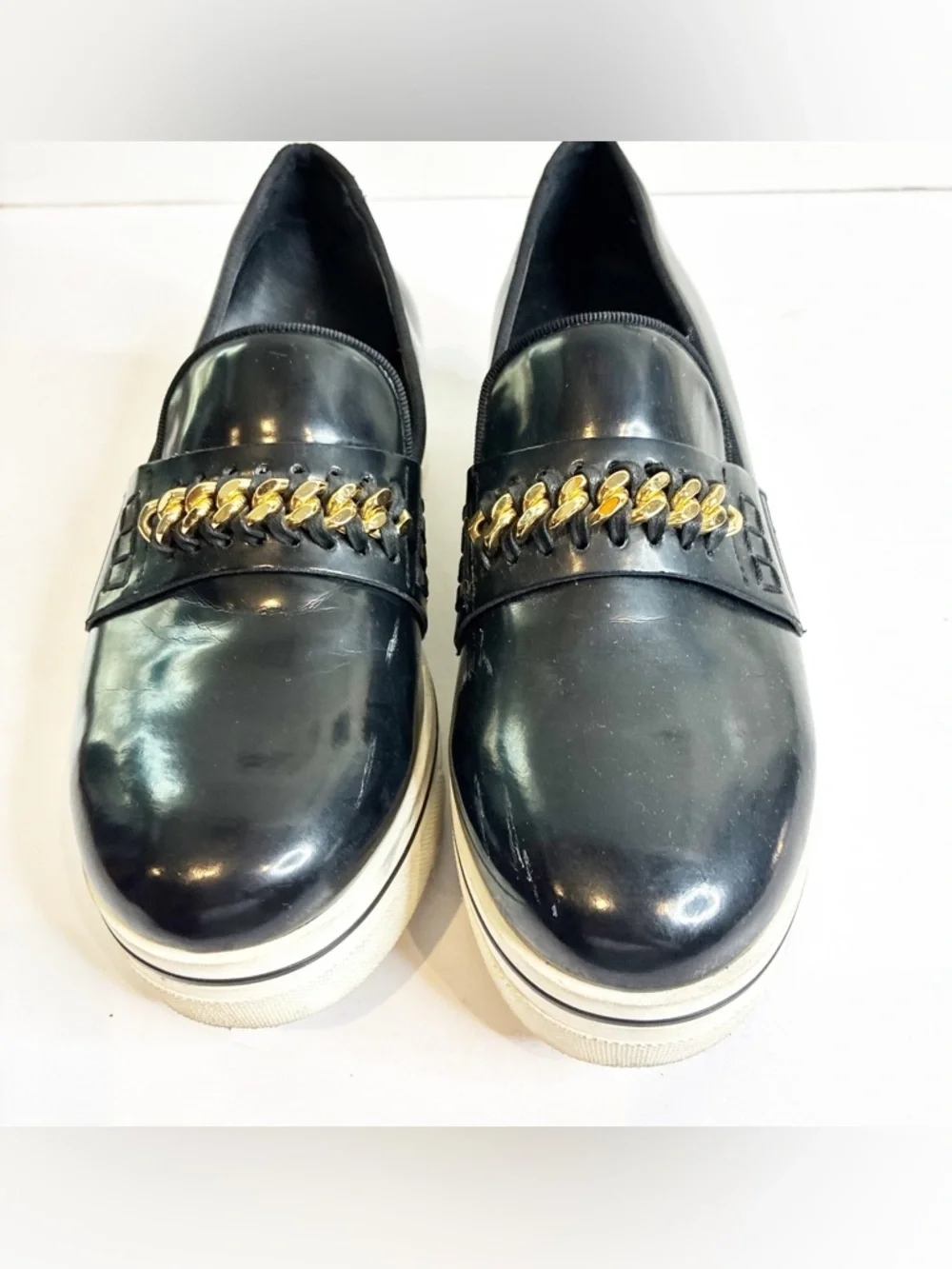 Stella McCartnery | Black Patent Leather Gold Chain Link Slip On Sneakers - Picture 2 of 5